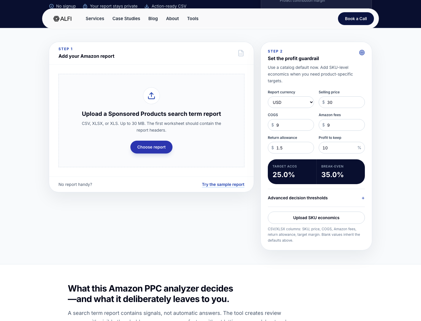 ALFI Amazon PPC analyzer upload screen and profit guardrail fields