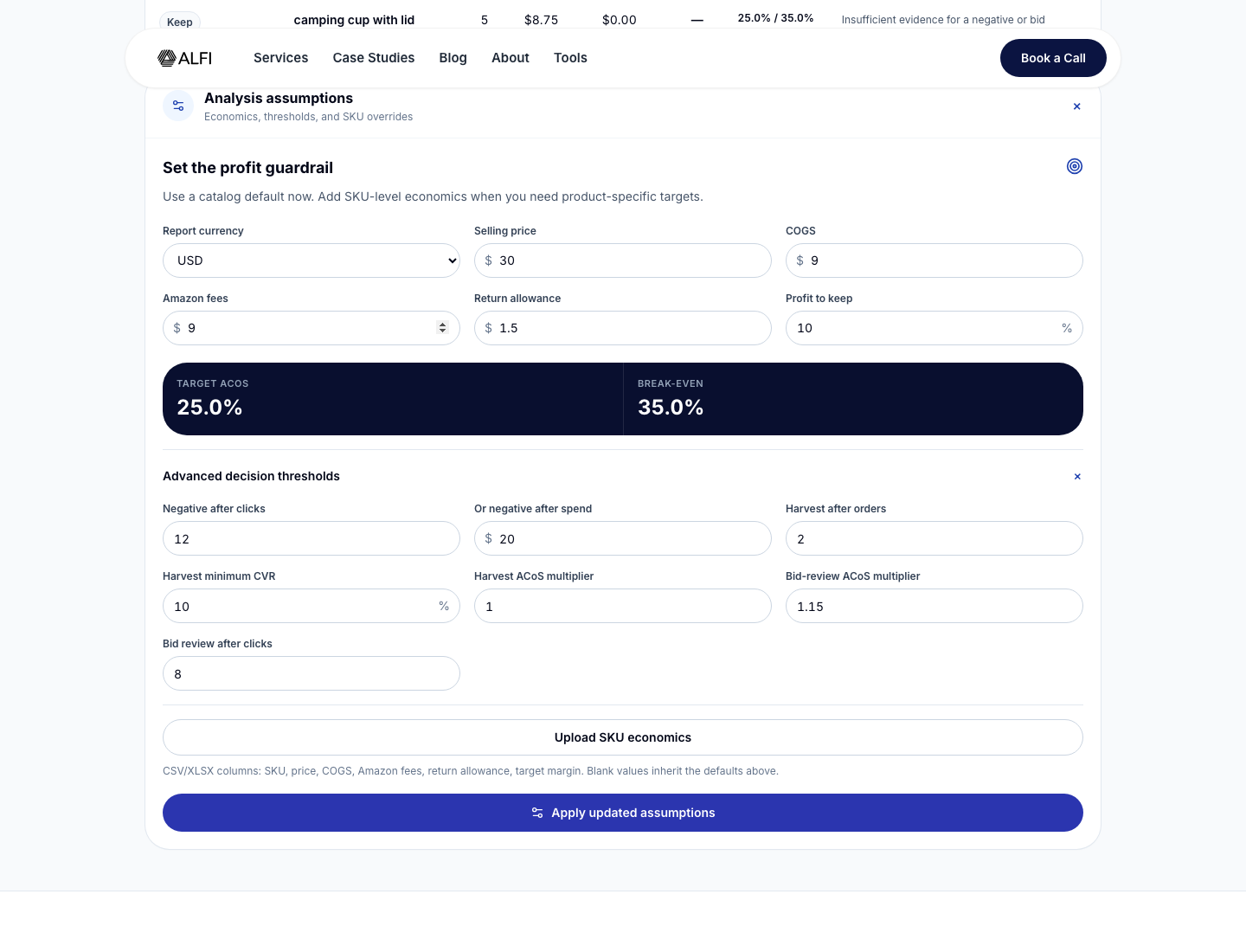 Editable evidence and SKU economics settings in ALFI's Amazon PPC analyzer