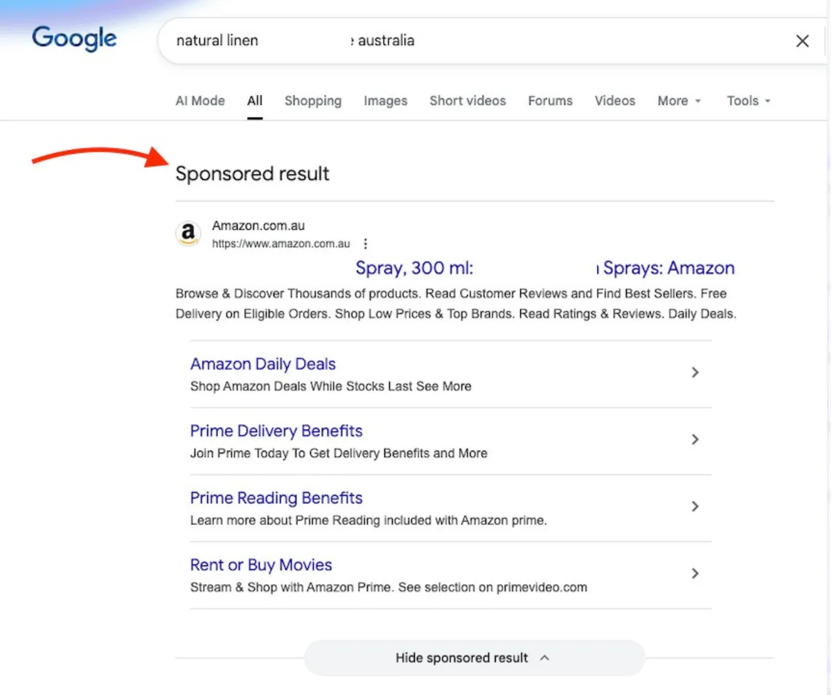 Google search results showing Amazon listing ranking for natural cleaning spray