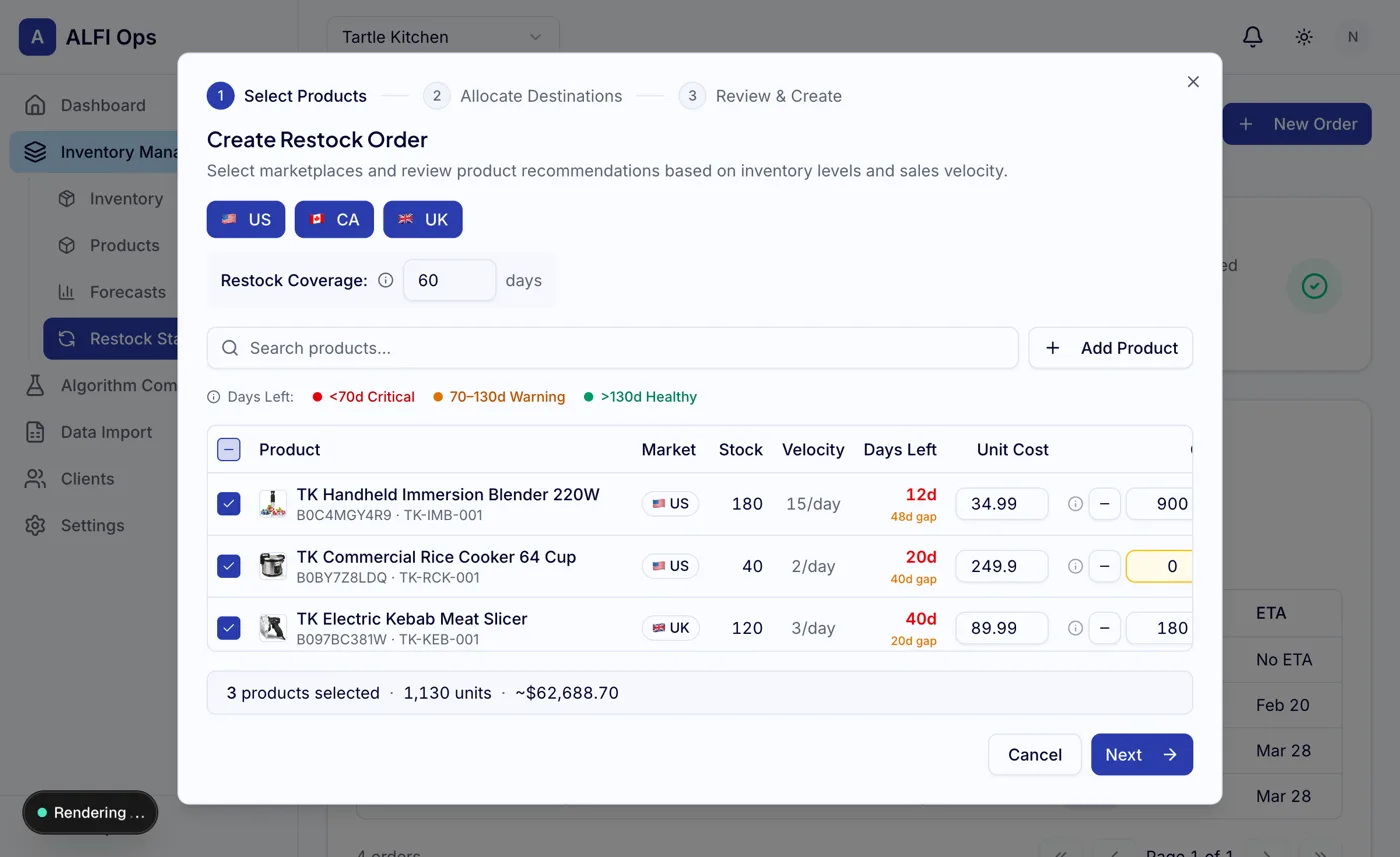 Restock wizard step 1: product selection with velocity-based quantity recommendations and stockout warnings