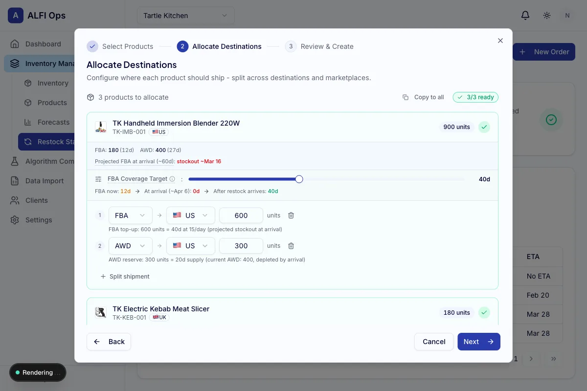 Restock wizard step 2: FBA/AWD allocation with coverage slider, projected stockout dates, and split shipments